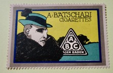 Reklame-Marke  A/ Batschari Cigarettes  /  Baden-Baden / 6 x 4 cm