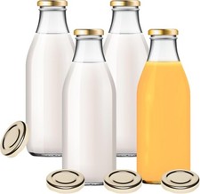4 Glasflaschen 1 Liter Saftflaschen Milchflaschen mit Deckel + 4 Ersatzdeckel Go