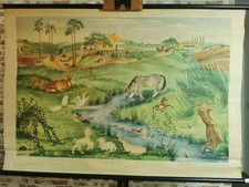 Schulwandkarte Lehrtafel ⭐️ Haustiere auf der Wiese ⭐️ Rollbild Rolltafel DDR