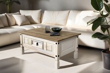 Couchtisch 100 x 60 cm mit Schublade Pinienholz weiß honigfarben lasiert MEXICO