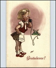 Künstler-AK ~1940 "Gratulerer!" Kind Mädchen am Telefon Telefonieren Postkarte
