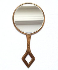 Messing Handspiegel Taschenspiegel Facette Punkt-Stickerei Blumen 1950er Vtg.