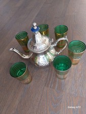 Orientalisches Tee Set mit 1 Metallkanne und 6 Glasbecher grün gold gemustert