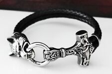 Wikinger Armband Thors Hammer Edelstahl Wolfskopf Fenris Leder Biker AE29
