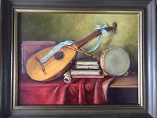 Flamenco Musikinstrumente Gitarre Stillleben Gemälde  Tambourin" Öl auf Leinwand