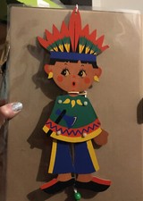 Vintage Holz Hampelmann Mertens-Kunst Indianer Federschmuck Figur Deko RAR