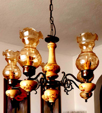 Deckenleuchter fünfarmig, O.Friedrich GmbH, Messing-Glas-glasierte Keramik