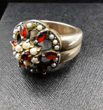russischer Ring  925 / Silber, mit Granaten und Perlen, massiv SIlber um 1900