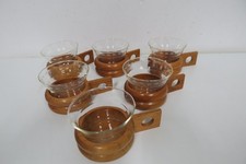 6 x  Glas Teegläser Teetassen Halter Holz -  Vintage 60er