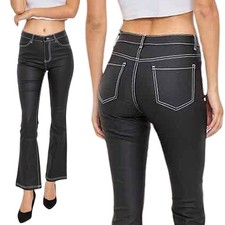 Damen Kunstleder Schlaghose Bootcut Biker Hose Hüfthose Wetlook Flared Schwarz