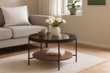 Runder Design Couchtisch Modern – Glasplatte Bernstein, Ablage Eiche, Ø74xH43 cm