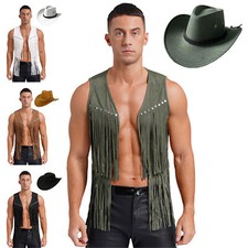 DE 60er 70er Jahre Hippie Kostüm Herren Westen Cowboy Fransenweste +Hut Festival
