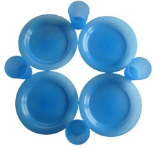 Camping Geschirr 8 Teile 4x Teller + 4x Becher blau Kunststoff Outdoor Essen gut