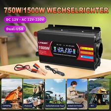 750W 1500W Wechselrichter 12V zu 230V Spannungswandler 2USB LCD Anzeige Campen