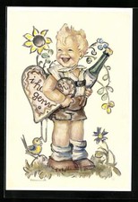 Künstler-AK Hummel: Lachender Junge mit Lebkuchenherz 