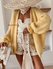 ?Neu Jacke Strick Strickjacke Gelb Beige Senf Trend knit Boho Damen Cardigan