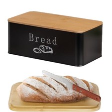 Brotkasten mit Schneidebrett,Matte Brotbox mit Holzdeckel, 33x19x14cm, Schwarz