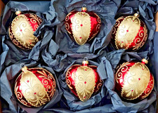 Exklusiv GLAS - 6 tlg Set Weihnachtskugeln Ø 10 cm/Herzen 10x11 cm Glas Rot/Gold