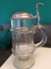 Antiker Glas-Bierkrug mit Zinn-Deckel und Facettenschliff, um 1900