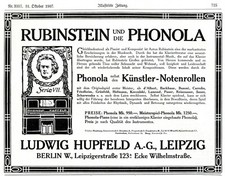 Selbstspielendes Klavier Hupfeld Phonola Reklame 1907 Anton Rubinstein 