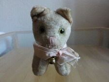 Altes kleines Kätzchen mit Schleife und Glasaugen, Stoff Katze, Figur, Antik !!!