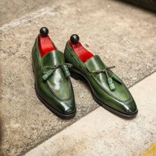 Herren Leder Schuhe Handarbeit Echt Mokassin Grün Quasten Formell Elegant Schuh