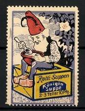 Reklamemarke Rotti-Suppen Königin Suppe, Zwerg sitzt mit Suppenteller auf einem 