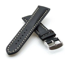 Uhrband Leder schwarz weiße Steppung Stegbreite 20 mm Dorn-Schließe poliert