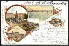 Lithographie Duisburg, Rheinbrücke, Kaiserberggrotte, Bahnhof, Merkator-Denkmal 