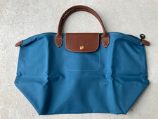 Longchamp Le Pliage Tasche Gr. M unbenutzt Nylon petrol Leder braun Handtasche