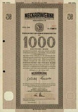 Neckarwerke 1957 Eßlingen Böblingen Göppingen Stuttgart EnBW 1000 DM Blanko RAR