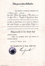 Hof 1917, Bürgerrechts-Urkunde WK I m. Siegelstempel u. Unterschrift