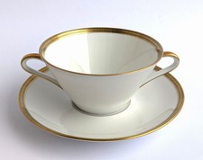 Suppentasse mit Untertasse Eschenbach Porzellan weiß Goldrand mit Streifen Dekor
