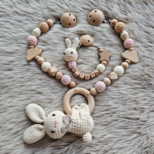Schnullerkette set hase braun - set,