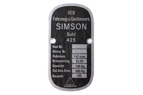Typenschild für simson awo - typenschild,