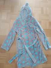 Bademantel Damen flauschig, grau mit türkisen Sternen