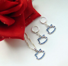 925 Silber Schmuck Set Katze Kopf blau Halskette Anhänger Creolen Kitty