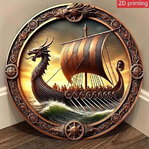 Blechschild rund wikingerboot - blechschild,