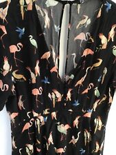 zara overall minikleid L schwarz vogel print flamingo reiher papagei boho