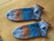 Damen Herren Sneaker Socken Gr. 42 Wolle 6-fach blau cognac handgestrickt neu