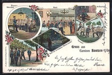 Lithographie Bautzen, Gruss aus der Garnison, Dienst-Unterricht, Schiessplatz,  