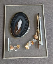 Schönes Vintage Glasbild mit Steinen für Fenster, 80er Fensterdekoration Kunst