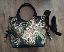 WUNDERSCHÖNE DAMEN HANDTASCHE PAILLETTEN BESTICKT PFAU SCHWARZ  34 x 26 x 10 cm