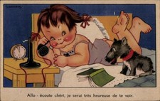 Ak Mädchen beim Telefonieren, Bett, Hund, Buch, Wecker - 4453915