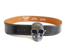 NURAGE Ledergürtel Reptil-Prägung grün Totenkopf-Wechsel-Schnalle mit Strass  90