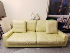 Gut erhaltene Ledercouch in LongLife Leder, in der frischen Farbe „Apfelgrün"