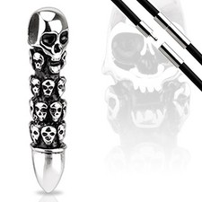 Anhänger Edelstahl Totenkopf Skull Patrone Bullet Biker Lederband Halskette