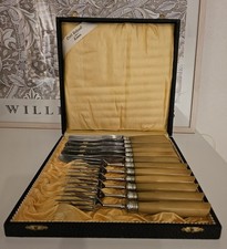 Carl Schaaf Vintage Besteckkasten, 12 Teile Besteckset, Edelstahl, Horn