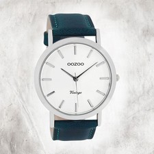 Oozoo Quarz-Uhr Herren silber Vintage 45mm Lederarmband petrol grün UOC8116