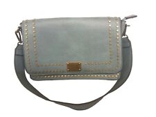 Damen Tasche eckige Form Messing-Nieten grau-blau hellblau Tragetasche NEU